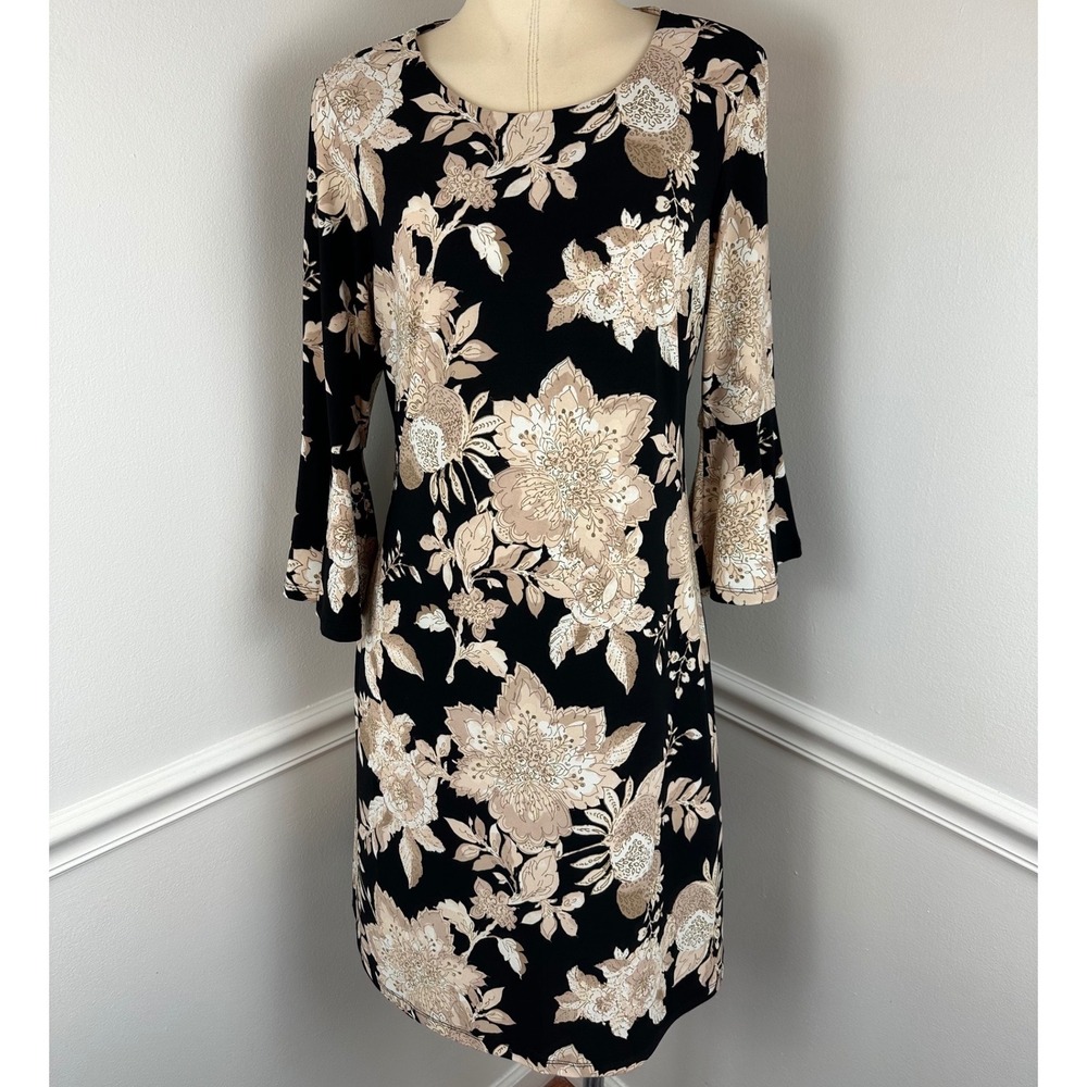 TOMMY HILFIGER Black & Beige Floral Lightweight Shift Dress 3/4 Bell Sleeves | 8 - Picture 2 of 11